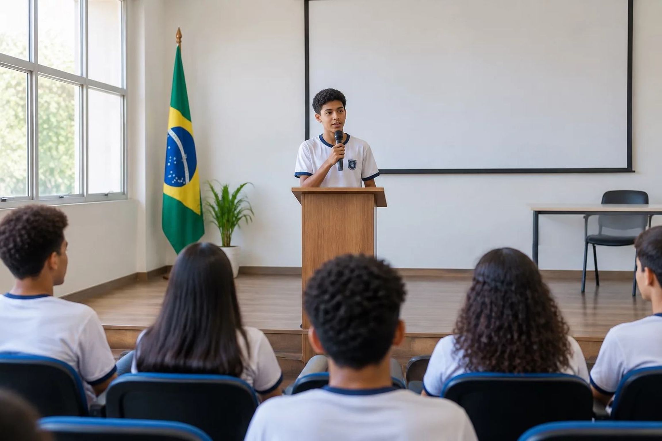 Aluna defende sua tese diante da turma de debate